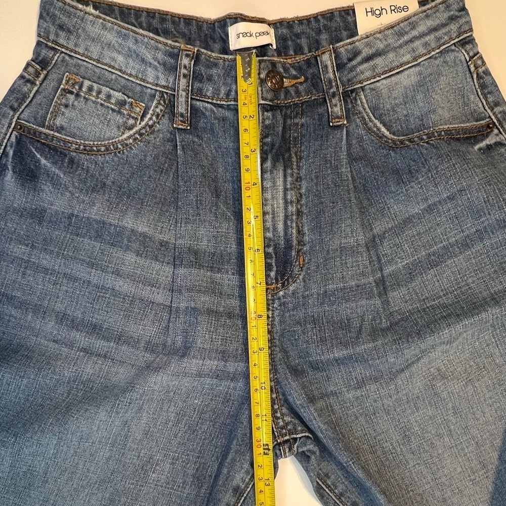 Sneak Peek Jeans Women Sz Small Blue Denim High Rise Tapered Leg Raw Hem, Pleats - Picture 10 of 11